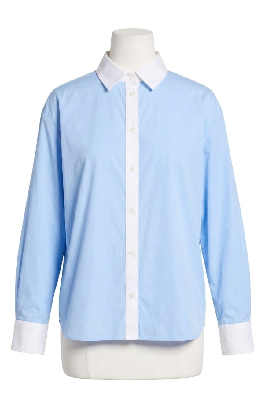 NEW FRENCH CONNECTION poplin ticking contrast shirt in blue hydrangea